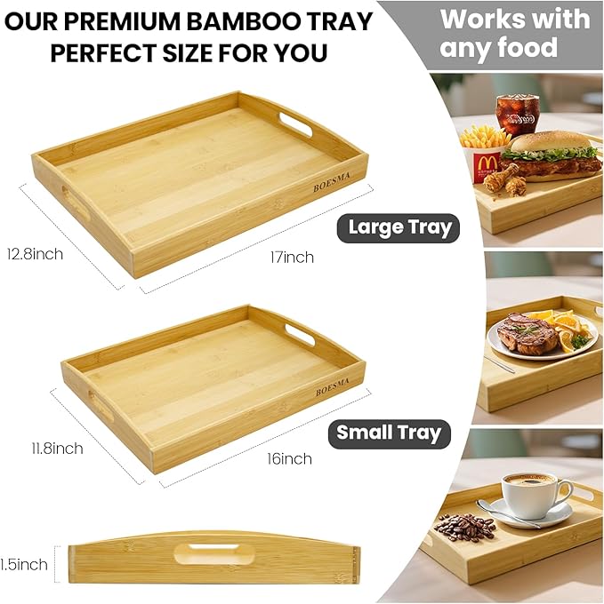 Set of 2 Bamboo Serving Tray with Handles, Decorative Wooden Tray for Breakfast, Dinner, Coffee Table - Portable Bamboo Tray for Ottoman, Kitchen, Living Room Bedroom, Outdoor Scenarios and More