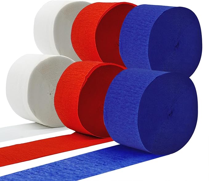 PheiLa Crepe Paper Streamers 6 Rolls 492ft, Crepe Paper 4th of July Decorations Red White Navy Blue Patriotic Party Supplies for DIY Gift Wrapping Birthday Holiday Party Decor, 1.77 Inch x 82 Ft/Roll