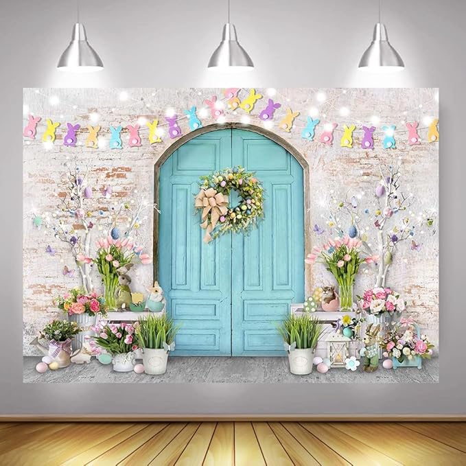 Mocsicka Easter Backdrop Blue Wooden Door with Brick Wall Bunny Rabbit Spring Photography Background Easter Day Party Decorations Photo Studio Props