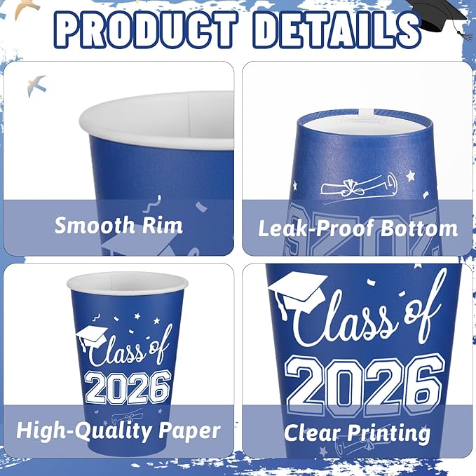 LemonRoad 60 Pcs 12 oz Graduation Paper Cups 2026 Blue and White Graduation Decorations Class of 2026 Grad Cups Congrats Grad Party Disposable Tablewares for School Party Supplies Home