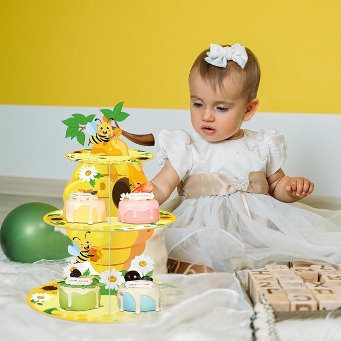 Zopeal 3 Tier Bee Cupcake Stand Party Decorations Sunflower Cupcake Holder Bee Day Themed Cake Holder Stand Yellow Round Summer Dessert Tower for Kids Birthday Baby Shower Party Supplies