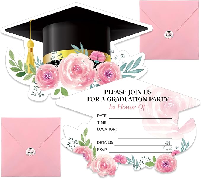 Marspark 25 Pcs Graduation Party Invitations Set Pink Floral Grad Cap Invitation Cards with Envelopes & Stickers Class of 2026 Graduation Party Supplies for Senior Graduate Celebration 5 x 6 Inch