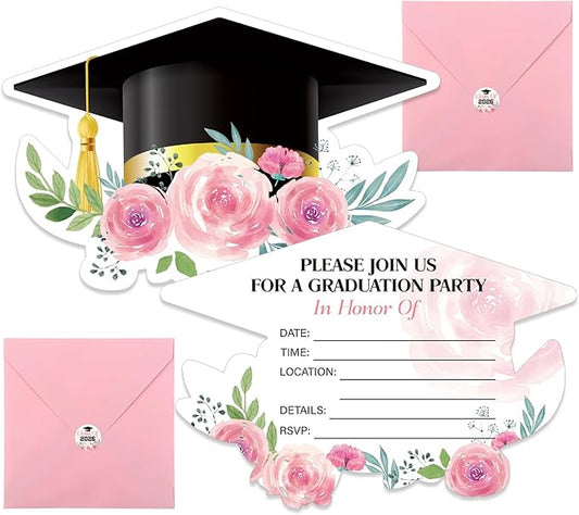 Marspark 25 Pcs Graduation Party Invitations Set Pink Floral Grad Cap Invitation Cards with Envelopes & Stickers Class of 2026 Graduation Party Supplies for Senior Graduate Celebration 5 x 6 Inch