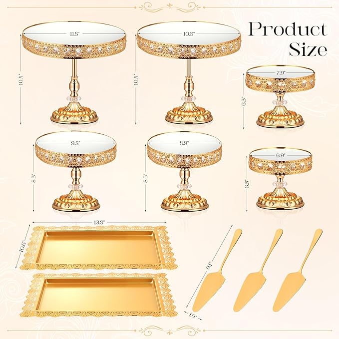 12-Piece Gold Cake Stand Set, Vintage Cake Stand with Crystal Edge and Cupcake Display Tray, Dessert Table Display Set for Wedding Party, Baby Shower, Anniversary Celebration