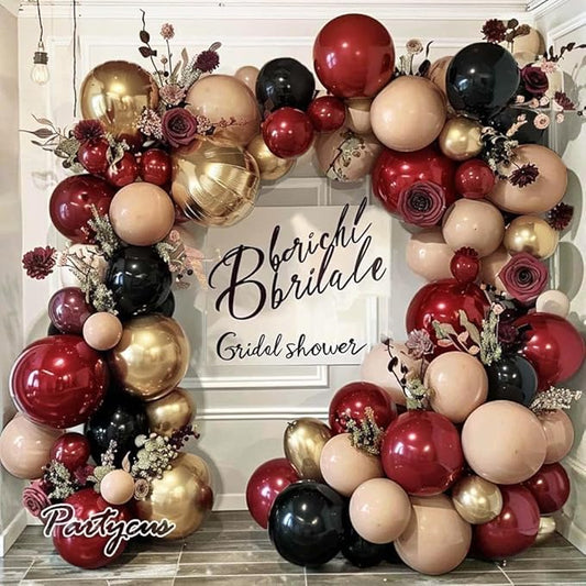 Burgundy Black Balloon Arch Kit Double Stuffed Nude Maroon Metallic Wine Red Apricot Balloon Garland with Gold Latex for Birthday Anniversary Wedding Bridal Graduation Mother's Day Party Decoration