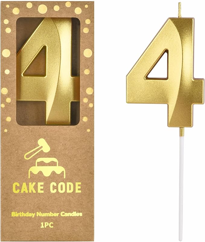 2.76 Inch Diamond Gold 4 Number Birthday Candles, Gold and Cake Number Candles for Party Celebration