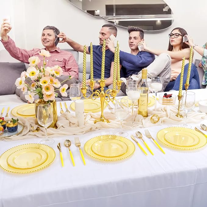 Supernal 102Pcs Gold Plastic Silverware, Gold Disposable Utensils with Yellow Handle, Yellow Plastic Silverware Heavy Duty Include 34 Forks, 34 Knives and 34 Spoons Perfect for Party, Mother's Day
