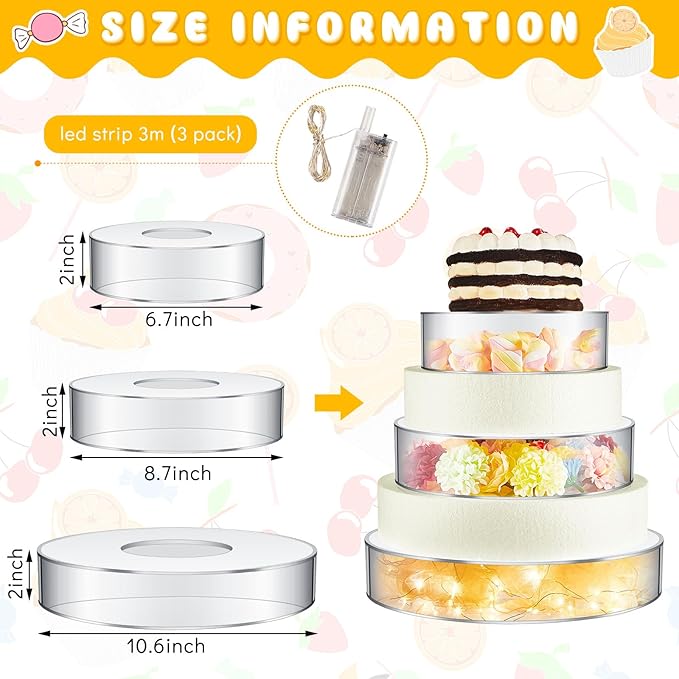 Sintuff 3 Pcs Acrylic Cake Stand with LED Lights 6.7‘’, 8.6‘’, 10.6‘’ Clear Fillable Cake Riser Round 3 Tier Case Box for Wedding Birthday Holiday Food Display, 3 Sizes