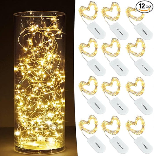 CYLAPEX 12 Pack Fairy Lights Battery Operated 7ft 20 LED Mini String Lights Silver Wire Firefly Starry Moon Lights for Wedding Mason Jars Party Christmas Centerpiece Table Decorations, Warm White