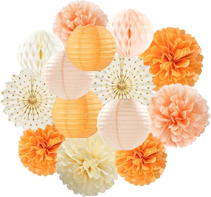 Beige-Orange Peach Fall Party-Decorations Paper-Lanterns- 14pcs Autumn Thanksgiving Harvest Birthday Boho Streamers Fan,Tissue Pom Poms, Baby Bridal Shower Wedding Engagement Decor Lasting Surprise