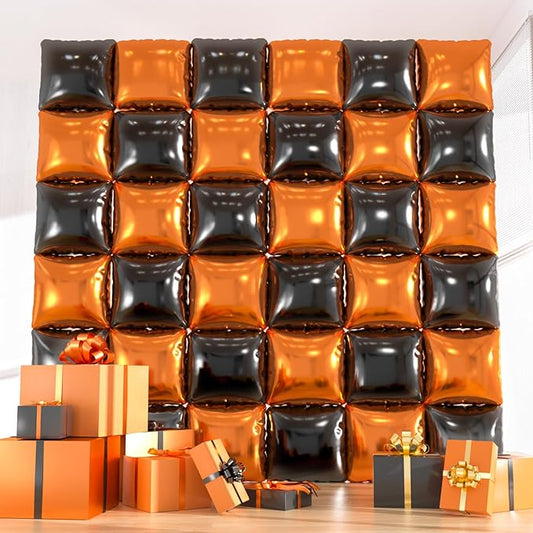 36pcs Black & Orange Square Foil Balloons Kit - Halloween Balloon Backdrop Wall Arch for Thanksgiving, Birthday, Graduation Party Decorations (Includes Straws & Ribbon)