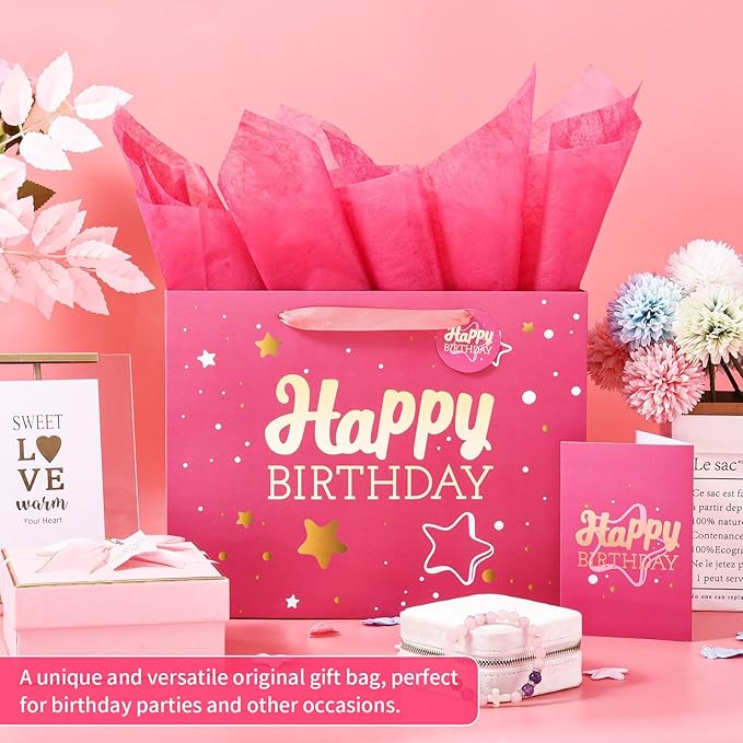 Powbrace 13" Pink Happy Birthday Gift Bag with Tissue Paper and Greeting Card for Party,Happy Birthday Gift Bag for Men Women,Gift Bags Medium size(5 PCS Pink Hot Stamping)