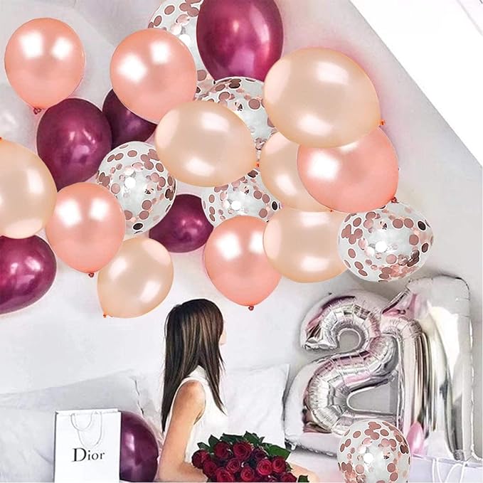 OuMuaMua Rose Gold Balloons Burgundy Balloons Kit, 62Pcs Burgundy Rose Gold Confetti Latex Mother's Day Balloons for Women Girl Baby Shower Wedding Birthday Mother's Day Party Decorations, 12 Inch