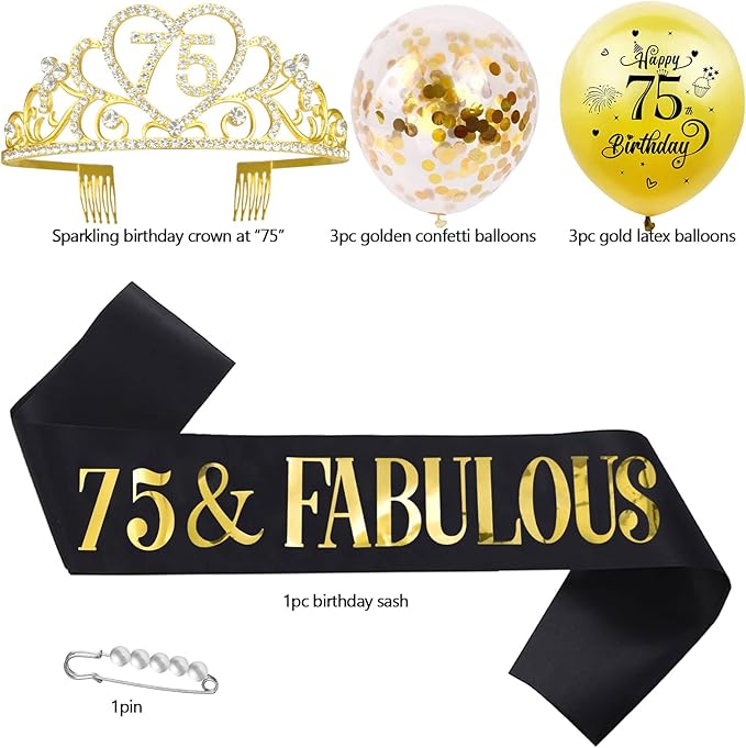 75th Birthday Tiara and Sash Kit - '75 & FABULOUS' Black Sash and Gold Rhinestone Crown for Women's 75th Birthday Party Supplies