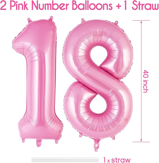 Pink Number 18 Balloon, 40 Inch Big Large Foil Helium Number Balloons, Giant Mylar Number 18 Balloons for 18 Years Old Birthday Party Decorations Supplies Anniversary