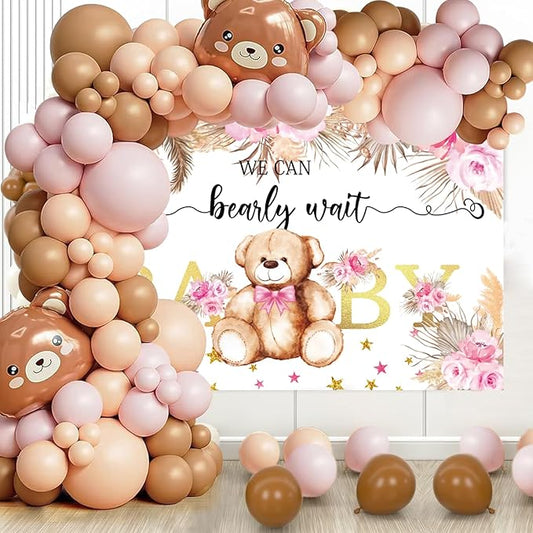 We Can Bearly Wait Baby Shower Decorations for Girl, 125 Pcs Pink Plastic Party Supplies - Bear Balloons,Pink Brown Balloons , Backdrop for Baby Shower & Gender Reveal