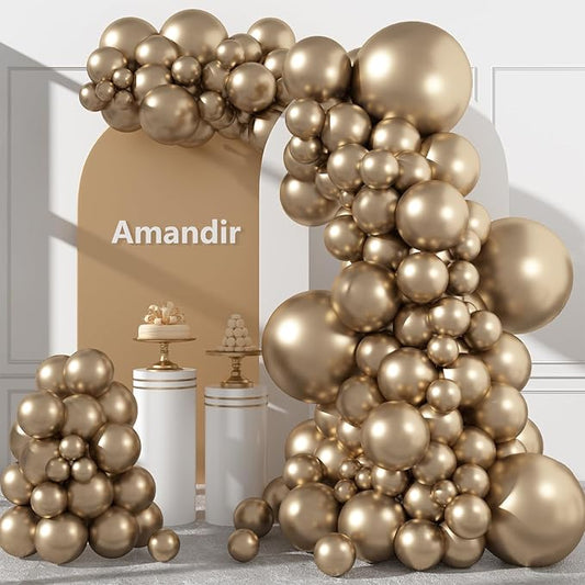 Amandir 153pcs Metallic Gold Balloons Arch Garland Kit Different Sizes 18 12 10 5 Inch Chrome Gold Champagne Balloon for Birthday Wedding Anniversary Bachelorette Graduation Party Decorations