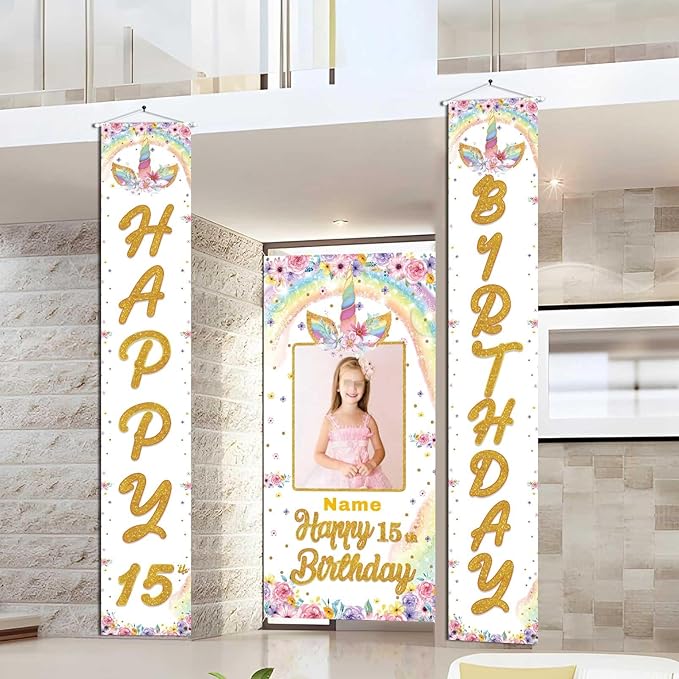 Custom Photo Birthday Banner Set Personalized Door Banners Polyster Backdrop Party Decorations Supplies Background for Birthday Newborn Baby Shower Celebration(Unicorn)