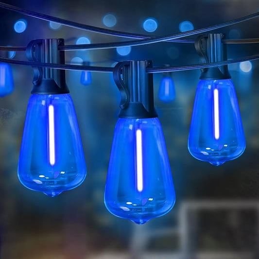 LAMPHOME 26Ft ST38 Outdoor String Lights, Blue Patio Lights with 12+1 ST38 Edison Bulbs, LED Shatterproof String Lights for Outside Bistro Christmas Patio Party Decorations