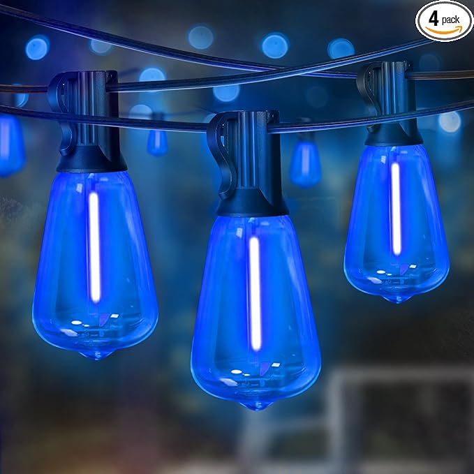 LAMPHOME 4-Pack 26Ft ST38 Outdoor String Lights, Blue LED Shatterproof Patio Lights with 12+1 Edison Bulbs, Perfect for Hanukkah, Bistro, Christmas & Party Decorations