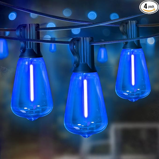 LAMPHOME 4-Pack 26Ft ST38 Outdoor String Lights, Blue LED Shatterproof Patio Lights with 12+1 Edison Bulbs, Perfect for Hanukkah, Bistro, Christmas & Party Decorations