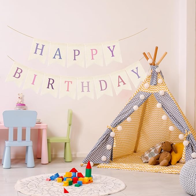 Doumeny Happy Birthday Burlap Banner Boho Birthday Garland Bunting Purple Pink Bohemian Party Hanging Banner White Happy Birthday Sign Flag Colorful Birthdays Bunting Garland for Home Mantel Fireplace