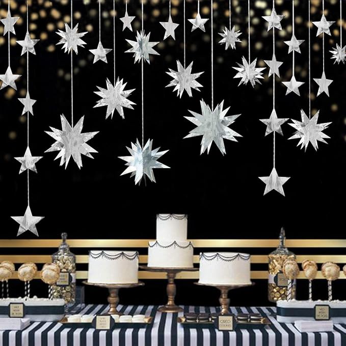 pinkblume Silver Star Garland Party Decorations Kit 3D Stars Metallic Bunting Banner for Holiday Xmas Birthday Wedding Baby Shower Hanging Decorations for Christmas Nursery Decor Clearance(4 Set)