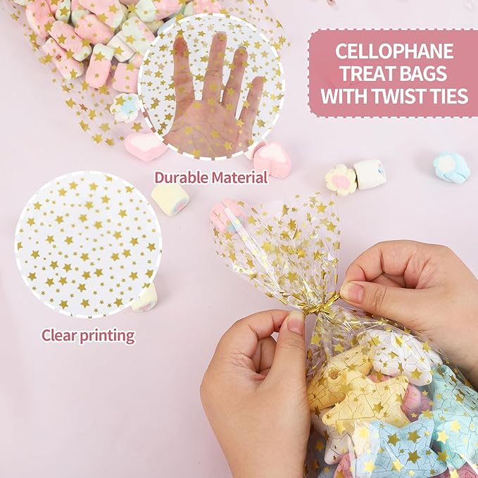 50 Pcs 12"x16" Clear Cellophane Treat Bags with 50 Twist Ties, Gold Cellophane Gift Bags, for Cookies, Candy, Bakery, Birthday, Wedding, Valentine's Day, Baby Shower & Holiday Party Favors