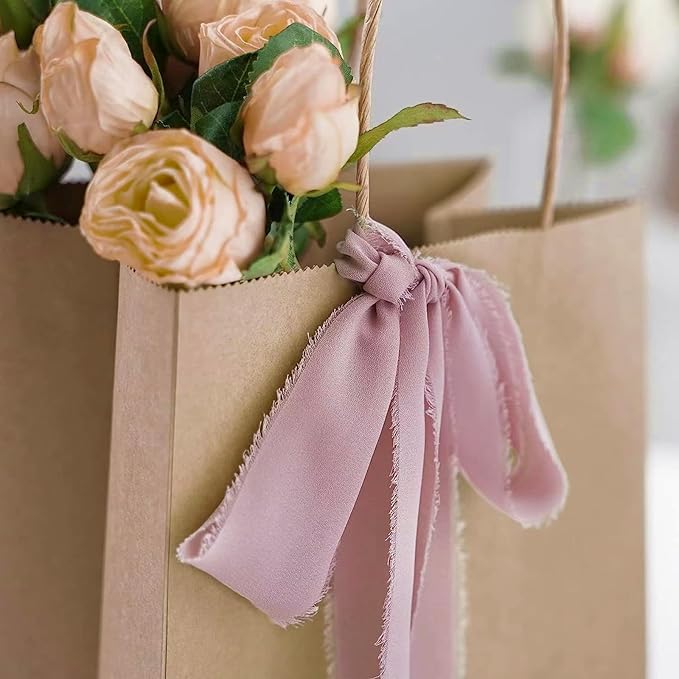 Dusty Rose Chiffon Ribbon 1.5" x 21 Yd Handmade Silk Fringe Chiffon Fabric Ribbon for Gift Wrapping Wedding Invitation Bridal Flower Bouquet DIY Crafts Home Decor