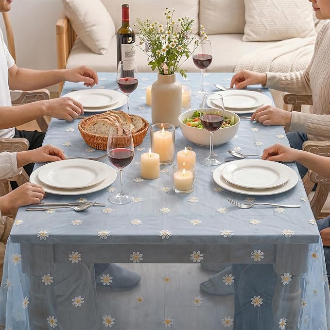 Horaldaily Blue Embroidery Daisy Spring Summer Gauze Tablecloth 60×120 Inch Rectangular, Seasonal Tulle Table Cover, Garden Party Decorations for Wedding, Party, Holiday Dining