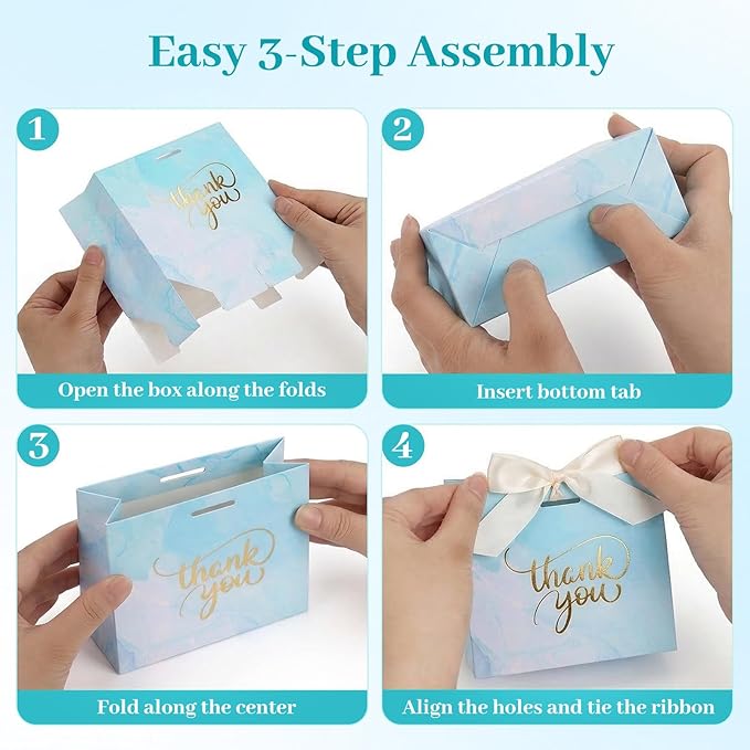VGOODALL Thank You Gift Bags, Light Blue Party Favor Bags with Gold Lettering and Bow Ribbon, 24 Pack, for Wedding Bridal Baby Shower Birthday