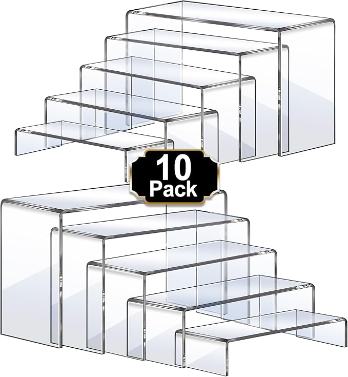 Aheroi Large Acrylic Risers, 10 Pcs 2 Set(7”L~8”L~9”L) Riser Display Shelf, Clear Rectangular Display Stands Set, Transparent Shelves for Decor, Showcase Holder for Cupcake
