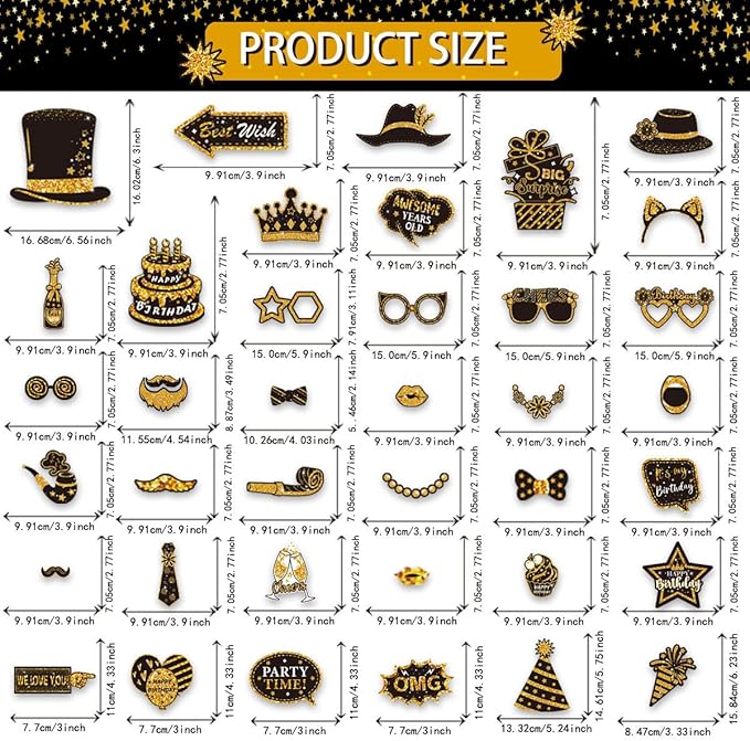 38 Pcs Birthday Photo Booth Props Kits Graduation New Year Wedding Party Favors Black and Gold 40th 50th 60th 70th 80th Happy Birthday Anniversary Party Supplies