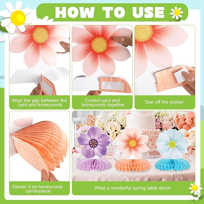 9 Pieces Spring Flower Centerpieces for Tables, Honeycomb Spring Birthday Party Decorations, Baby Shower Centerpieces for Girls, Spring Decorations for Office, Mothers Day Decorations