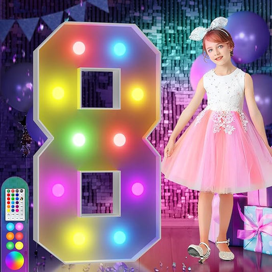 imprsv 4FT Colorful Marquee Numbers,18 Colors with Remote, Light Up Numbers 8 for 18th 80th Birthday Decorations Anniversary Party Decor, Pre-Cut Foam Board Kit, Mosaic Sign for Balloon