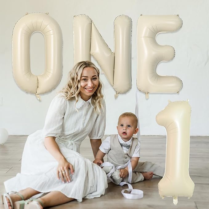 Biapian 40 Inch One Letter Balloons, Big Cream ONE Foil Balloons, 3 Pcs Giant Foil Large Aluminum Balloon Helium for Anniversary First One Year Old Girl and Boy 1st Birthday Party Decoration (Cream)