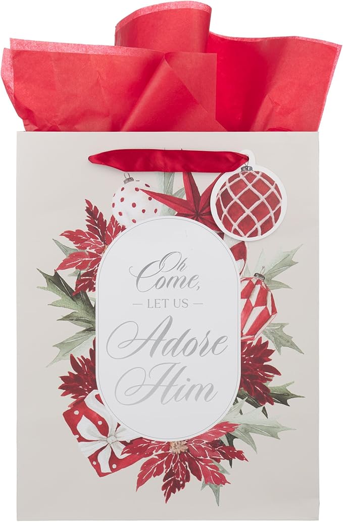 Christian Art Gifts Large Portrait Inspirational Scripture Christmas Gift Bag, Tag & Wrapping Tissue Paper Set for Men & Women: Let Us Adore Him, Sturdy Satin Ribbon Handles, Beige & Red Poinsettia