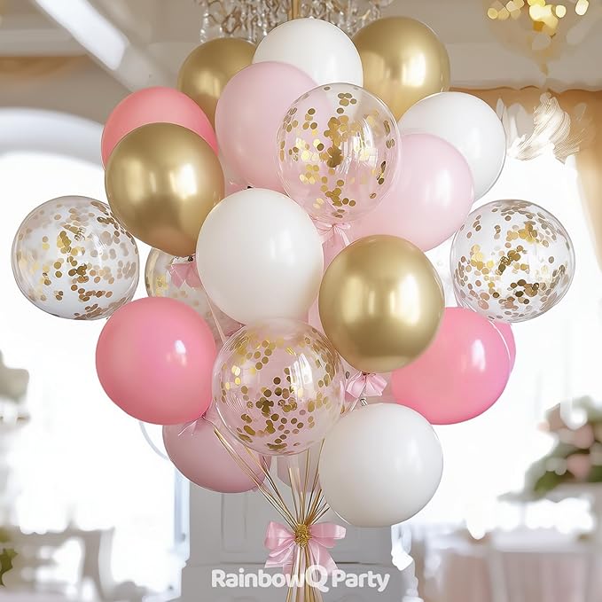 Metallic Pink and Gold Balloons 12 Inch 67PCS Sand White Champagne Confetti Latex Helium Balloons Set for Anniversary Wedding Birthday Party Decorations