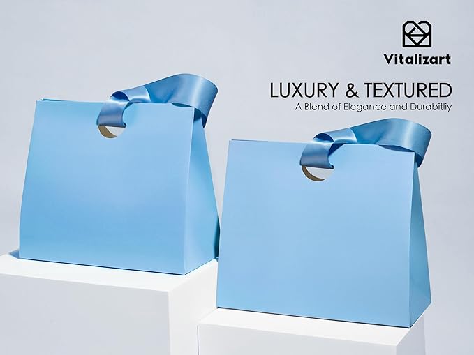 Vitalizart Paper Gift Bags With Ribbon Handles Set of 10 Blue Bulk Reusable For Gift Wrap Girls Kids Birthday Bridal Shower Party Favors Goodie Bags Candy Toys Christmas 7.87"x3.54"x7.09" Small Size