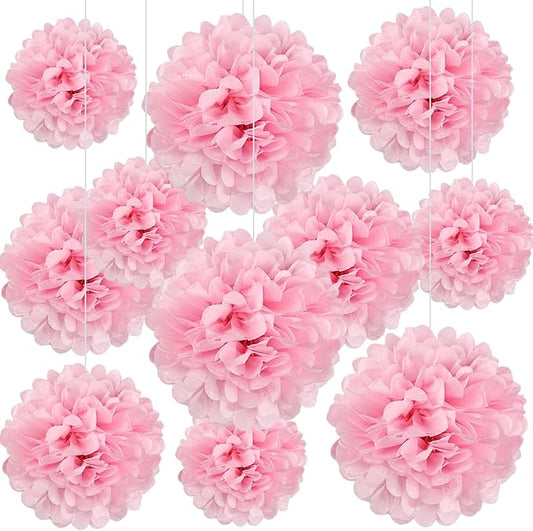 20 PCS Light Pink Tissue Paper Pom Poms, Tissue Pom Poms Flowers, Sizes of 6", 10", 12", 14" Hanging Paper Flower Ball for Wedding, Birthday, Gender Reveal, Valentines Party, Baby Shower Party Decor