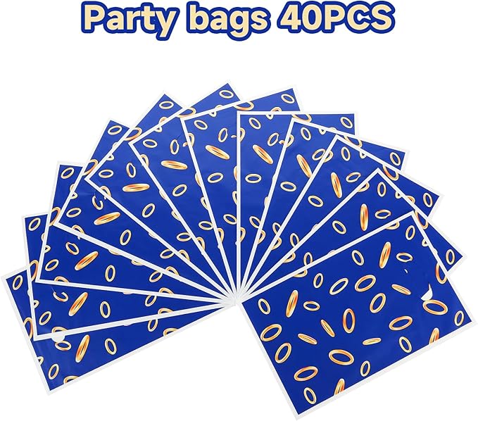 PintreeLand 40PCS Video Game Party Favor Bags, Blue and Gold Ring Design Plastic Goodie Bags for Gaming Birthday Party