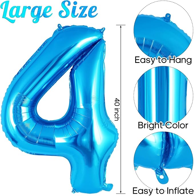 Blue Number 4 Balloon 40 Inch, Big Large Foil Helium Number Balloons, Jumbo Giant Mylar Number 4 Balloons for 4 Year Old Birthday Party Decorations Supplies Anniversary Celebration