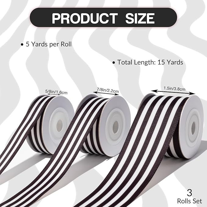 Black and White Striped Ribbon 3 Rolls Grosgrain Ribbon 5/8", 7/8", 1.5", Stripe Fabric Ribbon for Crafts, Gift Wrapping, Wreaths, Bow Making, DIY Banners, Party and Holiday Decor