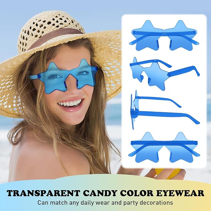 SUNOVELTIES 16/48 Star Rimless Sunglasses Irregular One Piece Colored Party Glasses Transparent Fun sunglasses for Teen Adult