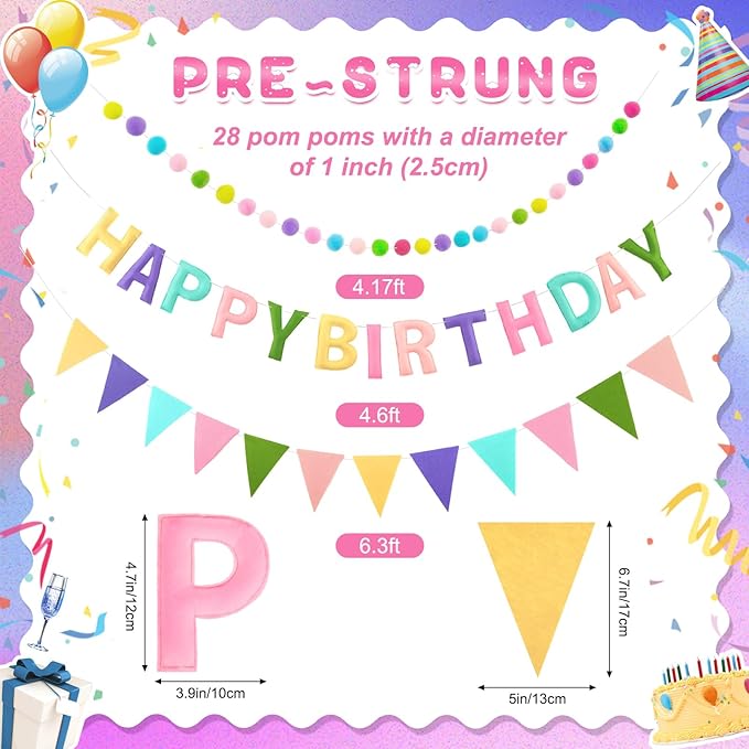 Mindsoft Pre Strung 3 Pcs Happy Birthday Banner Felt Ball Garland Multicolor Triangle Banner Reusable Bulk Rainbow Birthday Decorations for Girls Boys Women Men