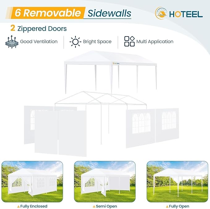 HOTEEL 10x20FT Party Tent Outdoor Large Canopy with 6 Removable Sidewalls, 2 Zipper Doors, 12 Ropes and 24 Stakes for 20-30 People, Carpas para Fiestas for Wedding Patio Backyard, White