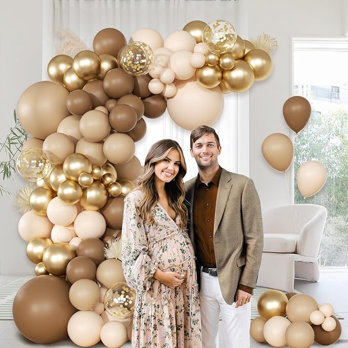 147pcs Brown Balloon Arch Garland Kit, Different Sizes with Dark Brown Light Brown Sand White Metallic Gold Balloons for Boho Neutral Birthday Wedding Jungle Bear Baby Shower Decorations