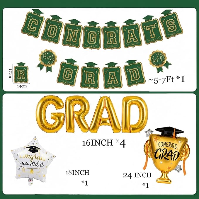 Green Gold Balloons GRAD Print Balloons with Banner Table Honeycomb Centerpieces Hanging Swirl trophy star GRAD Letters Mylar Balloons for 2026 graduate Prom Decorations