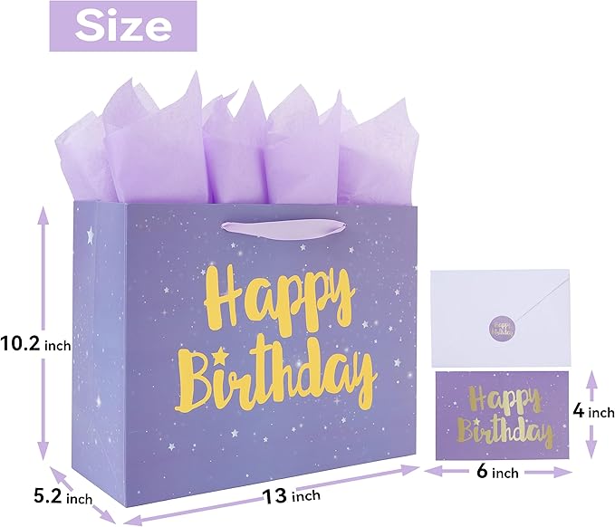 Qirrmiy 13” Large Purple Happy Birthday Gift Bag Set with Handles, Greeting Card, Lavender Tissue Papers and Stickers for Women Girls Kids, Stars Design, 1 Pcs.