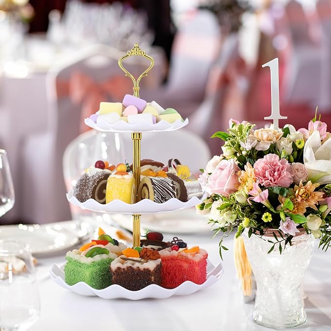 Patelai 8 Packs 3 Tier Cupcake Stand Holder Plastic Cake Serving Display Stand Tower Donuts Cookie Dessert Tray Holder Wave Shape with Gold Rod for Wedding Birthday Baby Shower Tea Party(White)